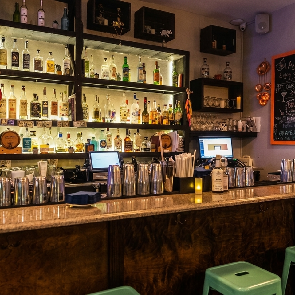 A vibrant bar with a fully stocked liquor shelf, bar stools, and a colorful hummingbird mural.
