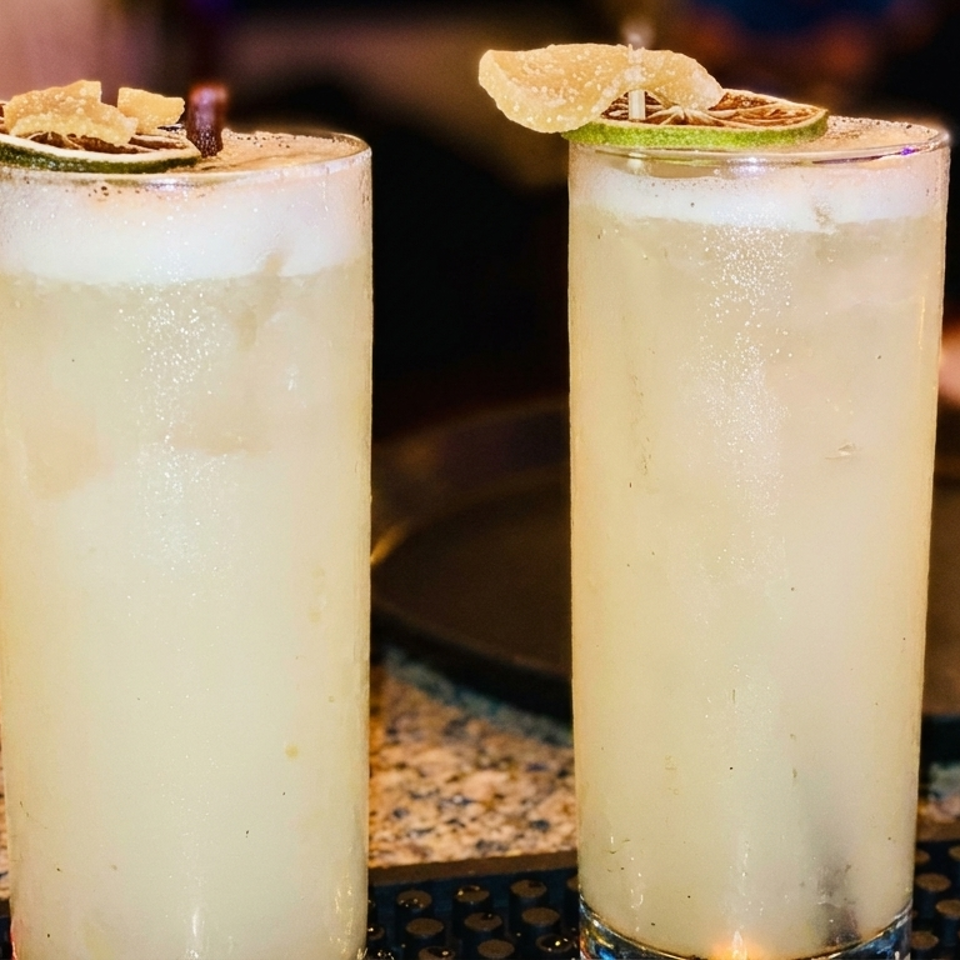 Two tall, frosty cocktails garnished with lime and candied ginger on a speckled bar top.