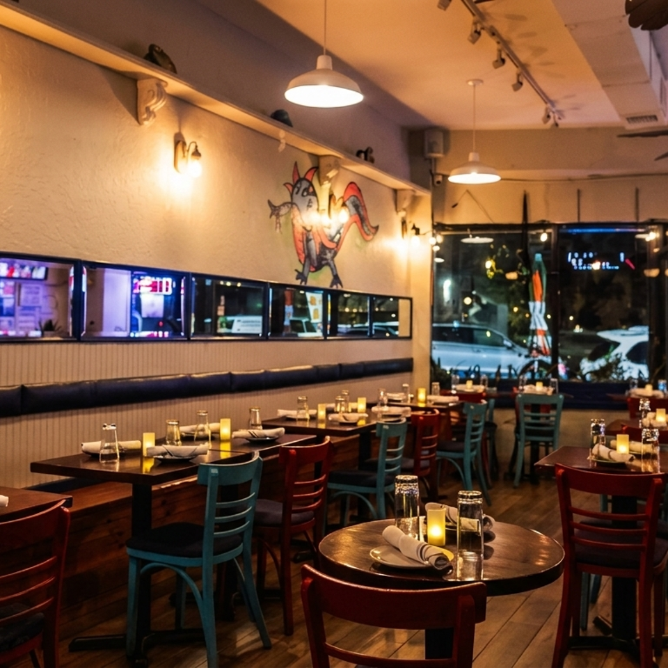 Cozy restaurant interior with wooden tables, colorful chairs, a bar, and a dragon mural on the wall.