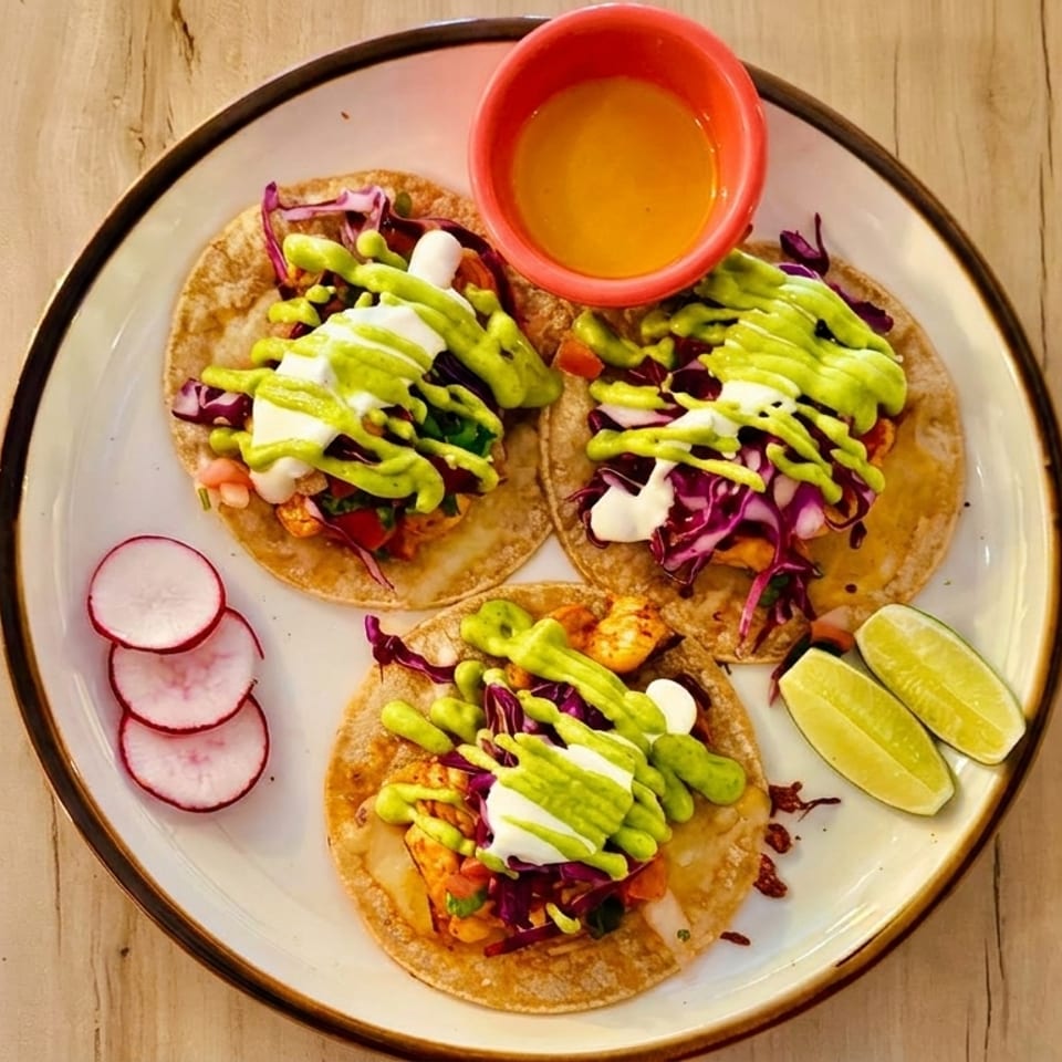 Three vibrant tacos with purple cabbage, white sauce, green drizzle, radishes, and lime wedges on a plate.
