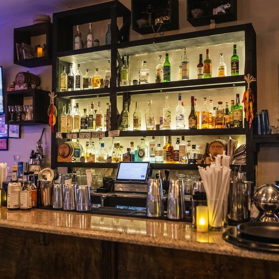A well-stocked bar with liquor bottles, bar tools, a TV, and a computer screen.