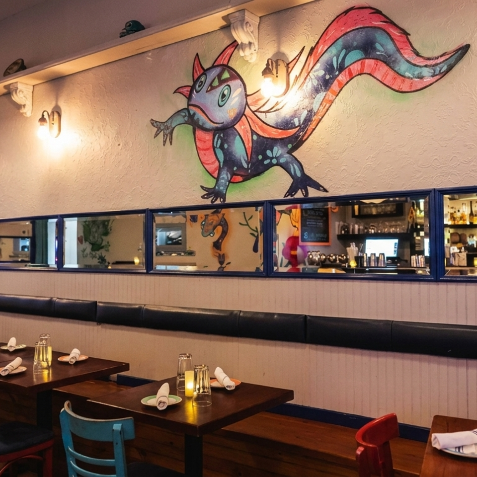Restaurant interior with wooden tables, colorful chairs, a long banquette, and a vibrant mural above mirrors.