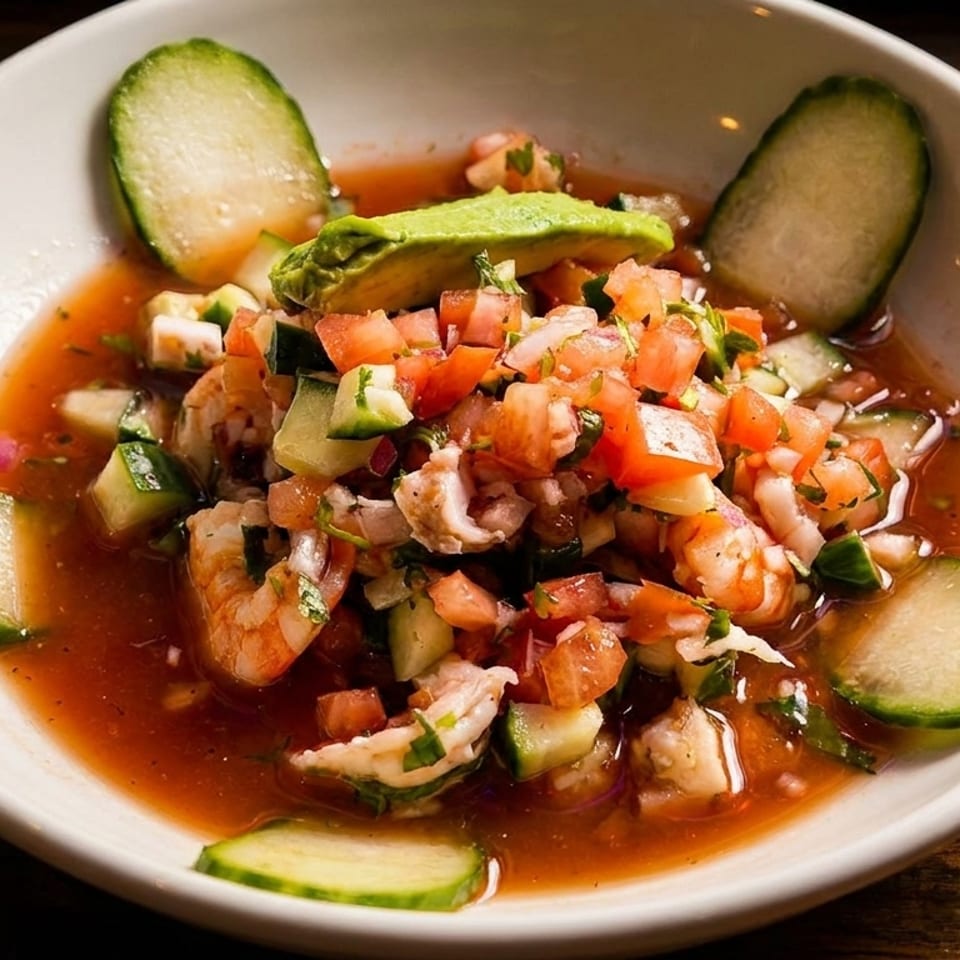 Shrimp ceviche with diced tomatoes, cucumbers, and avocado in a white bowl on a wooden table.