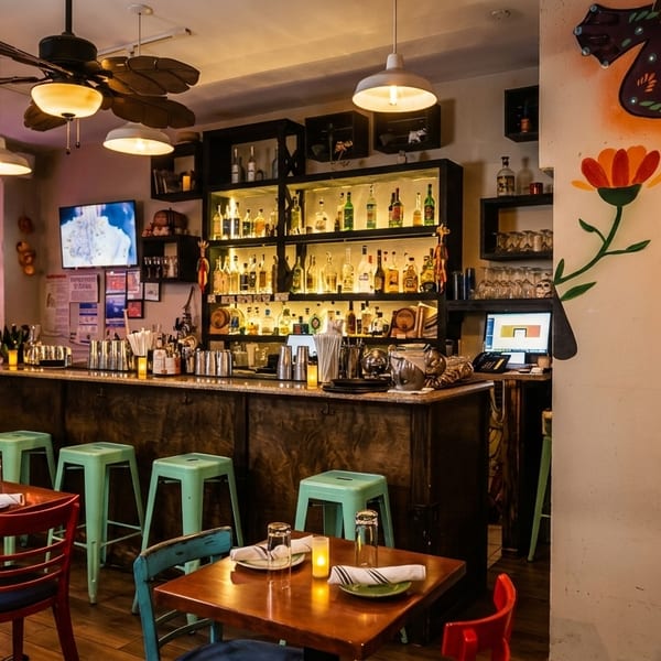 Cozy restaurant interior with a fully stocked bar, dining tables, and a colorful lizard mural.