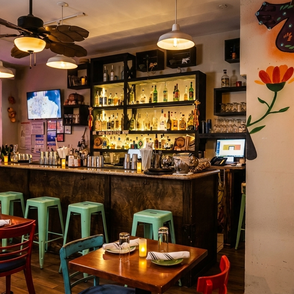 A vibrant restaurant interior with a fully stocked bar, dining tables, and a colorful lizard mural.