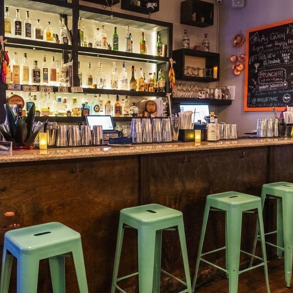 A vibrant bar with a fully stocked liquor shelf, mint green stools, and a colorful hummingbird mural.