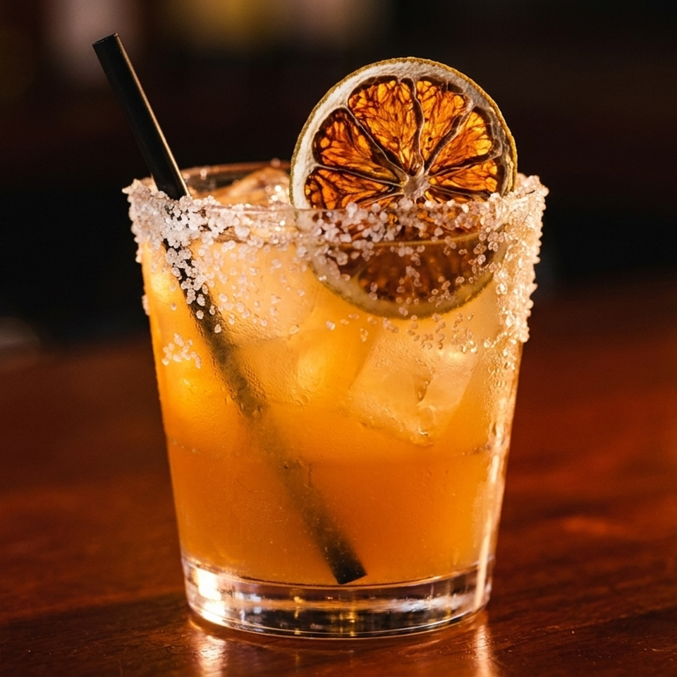 A vibrant orange cocktail with a salted rim, ice, a black straw, and a dried orange slice.